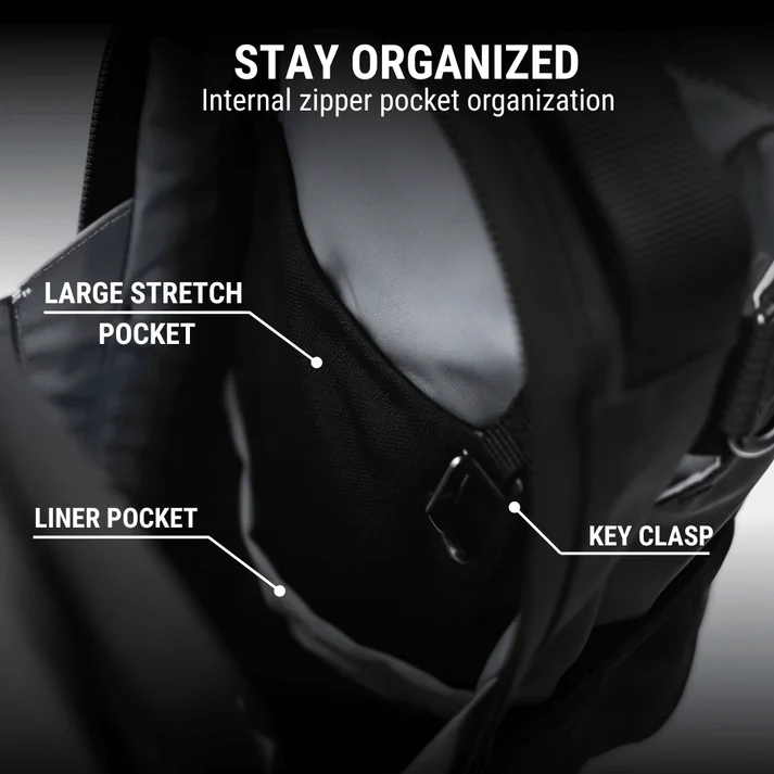Open Looma gym bag showing internal zip pocket organization