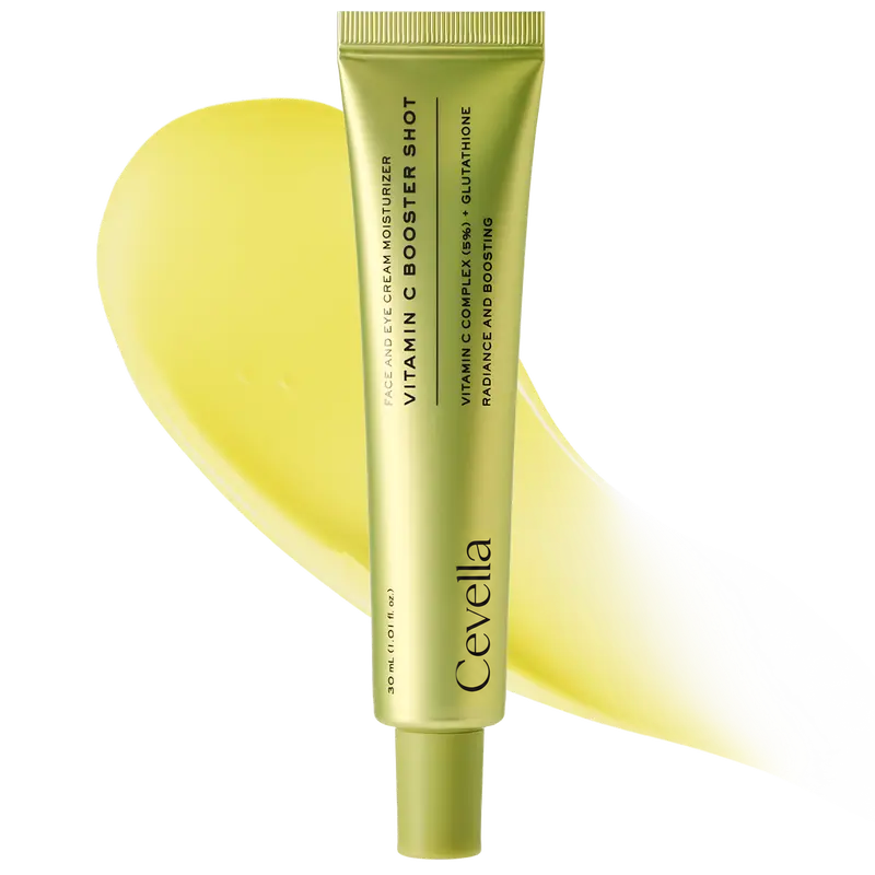 Cevella Vitamin C Booster Shot tube with a yellow serum smear.