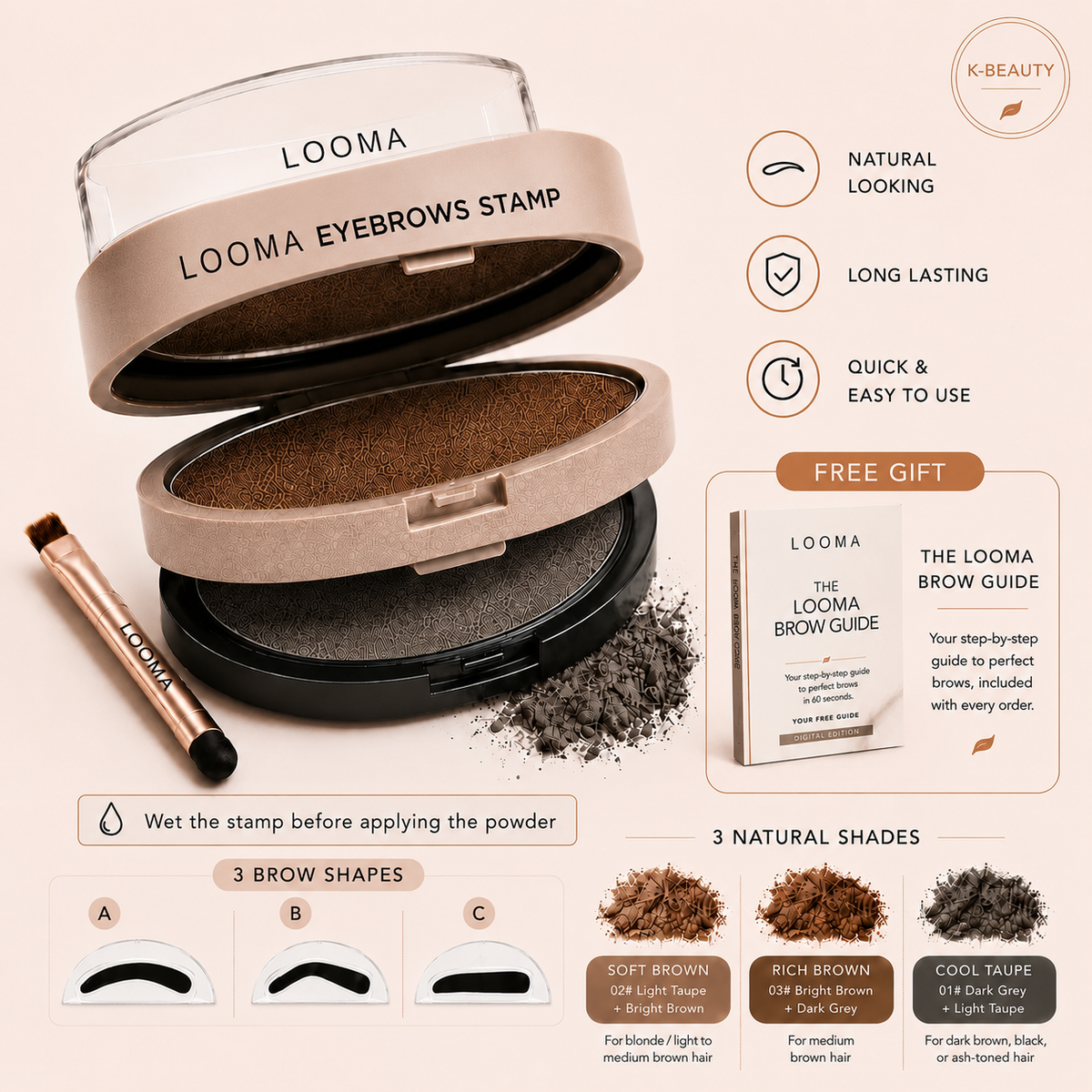 Looma kit overview with three brow shapes, three shades, dual-ended applicator, and digital Brow Guide.