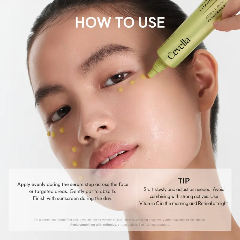 Cevella Vitamin C Booster Shot being applied to facial skin, with how-to-use directions.