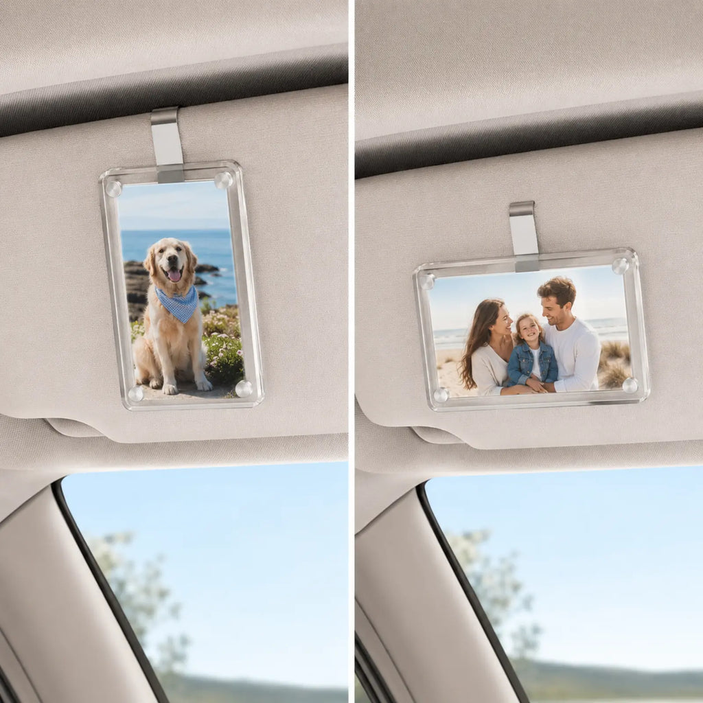 Looma CloseBy frame displayed in portrait and landscape positions on separate car sun visors.