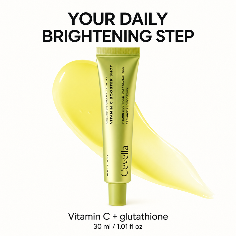 Cevella Vitamin C and glutathione serum tube with a yellow smear and 30 ml size.