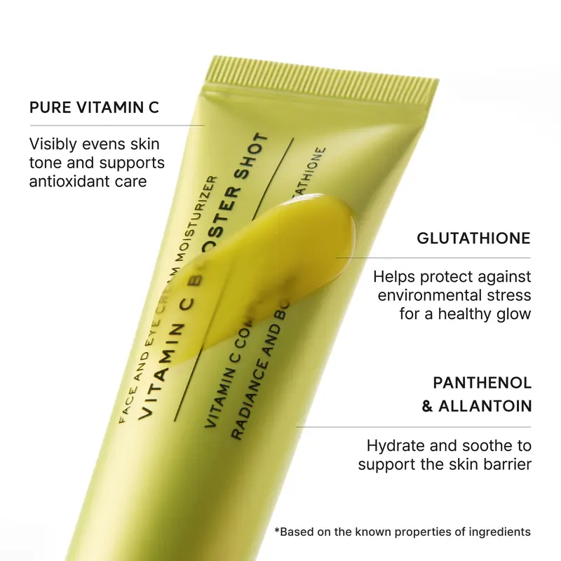 Yellow serum on a tube with Vitamin C, glutathione, panthenol and allantoin ingredient callouts.
