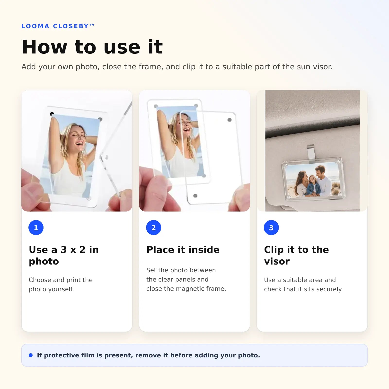 Three steps for adding a 3 x 2 inch photo to CloseBy and clipping it to a suitable visor area.