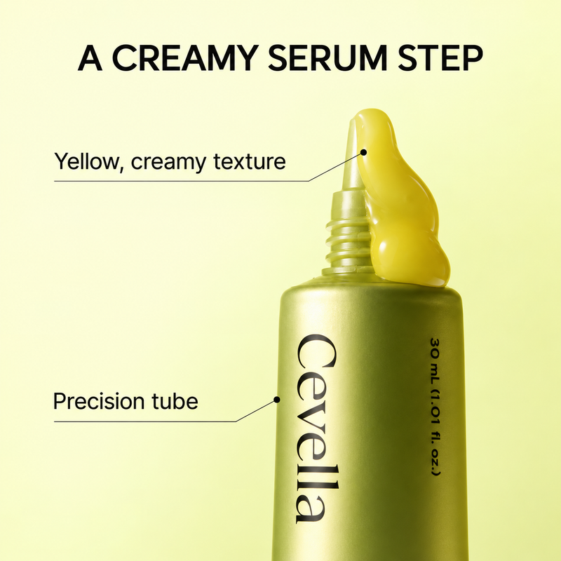 Close view of Cevella's precision nozzle and yellow creamy serum texture.