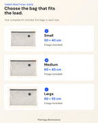 Size guide for small 50 by 40 cm, medium 60 by 40 cm, and large 60 by 50 cm compression bags.