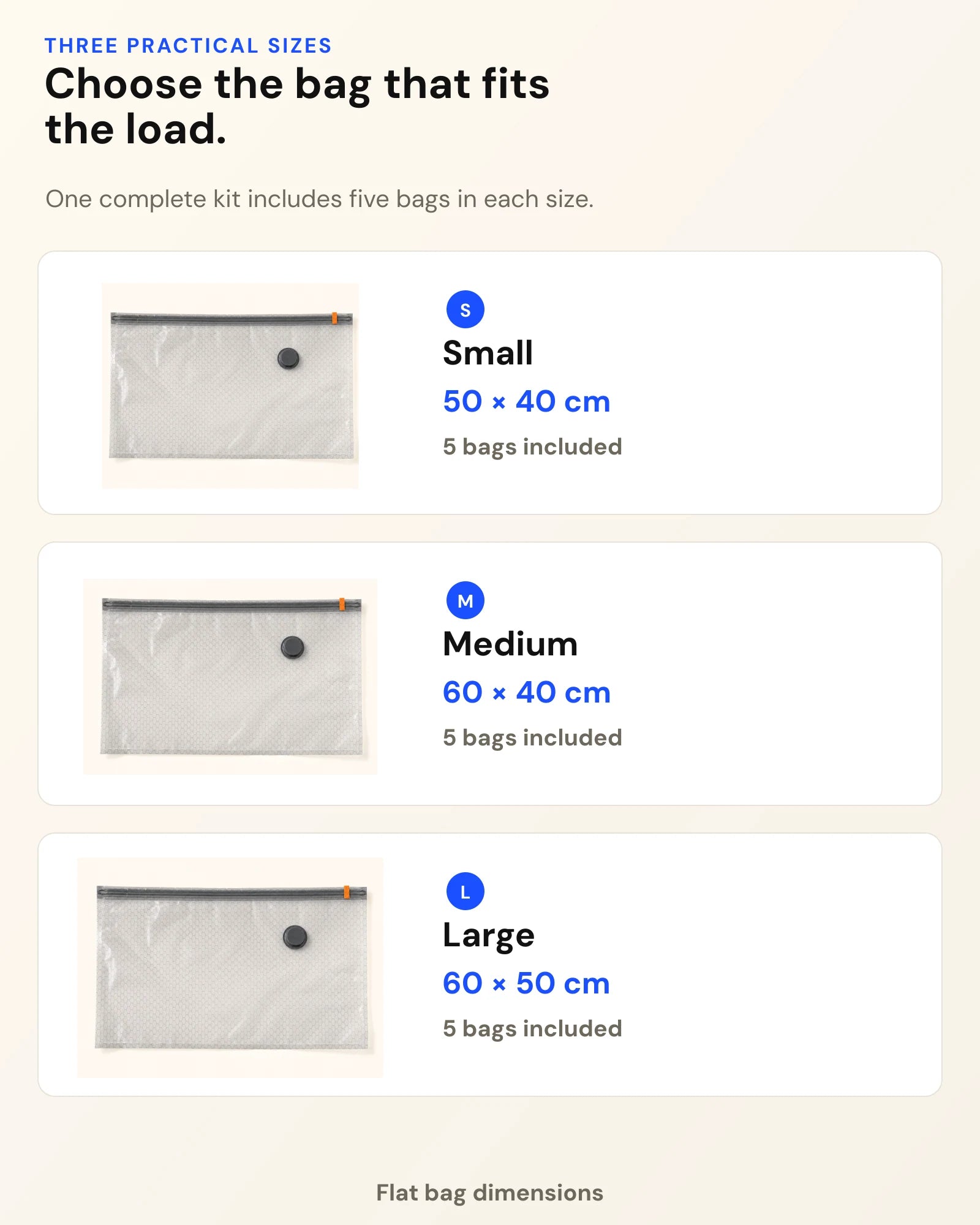 Size guide for small 50 by 40 cm, medium 60 by 40 cm, and large 60 by 50 cm compression bags.