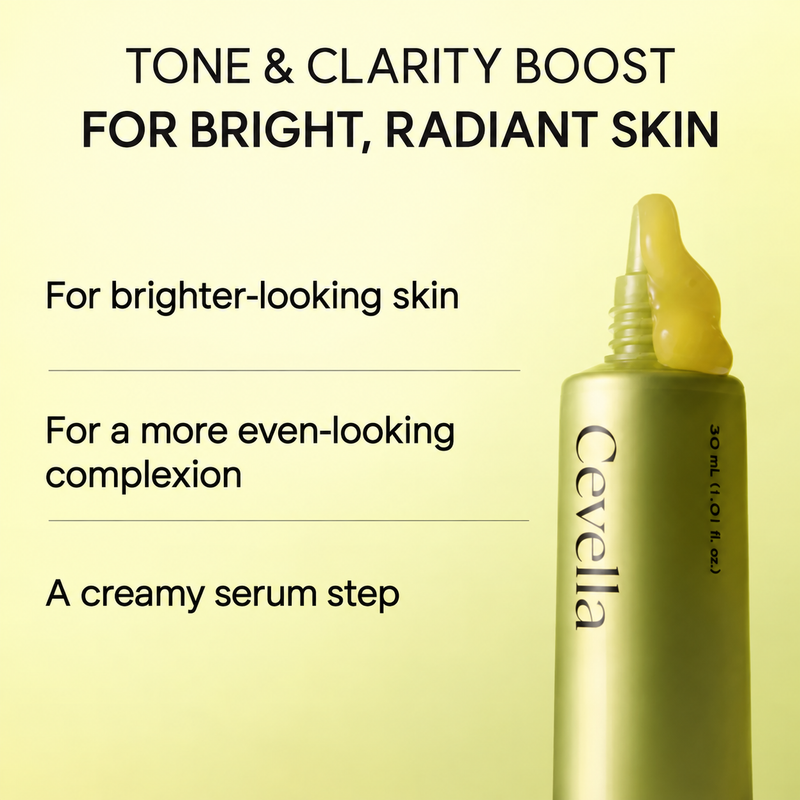 Cevella tube with brighter-looking skin, even-looking complexion and creamy texture callouts.