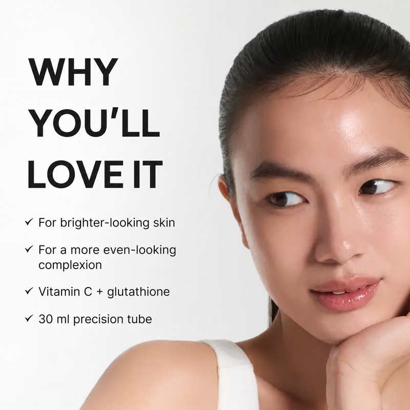 Model portrait with Cevella's ingredient, size and cosmetic benefit details.