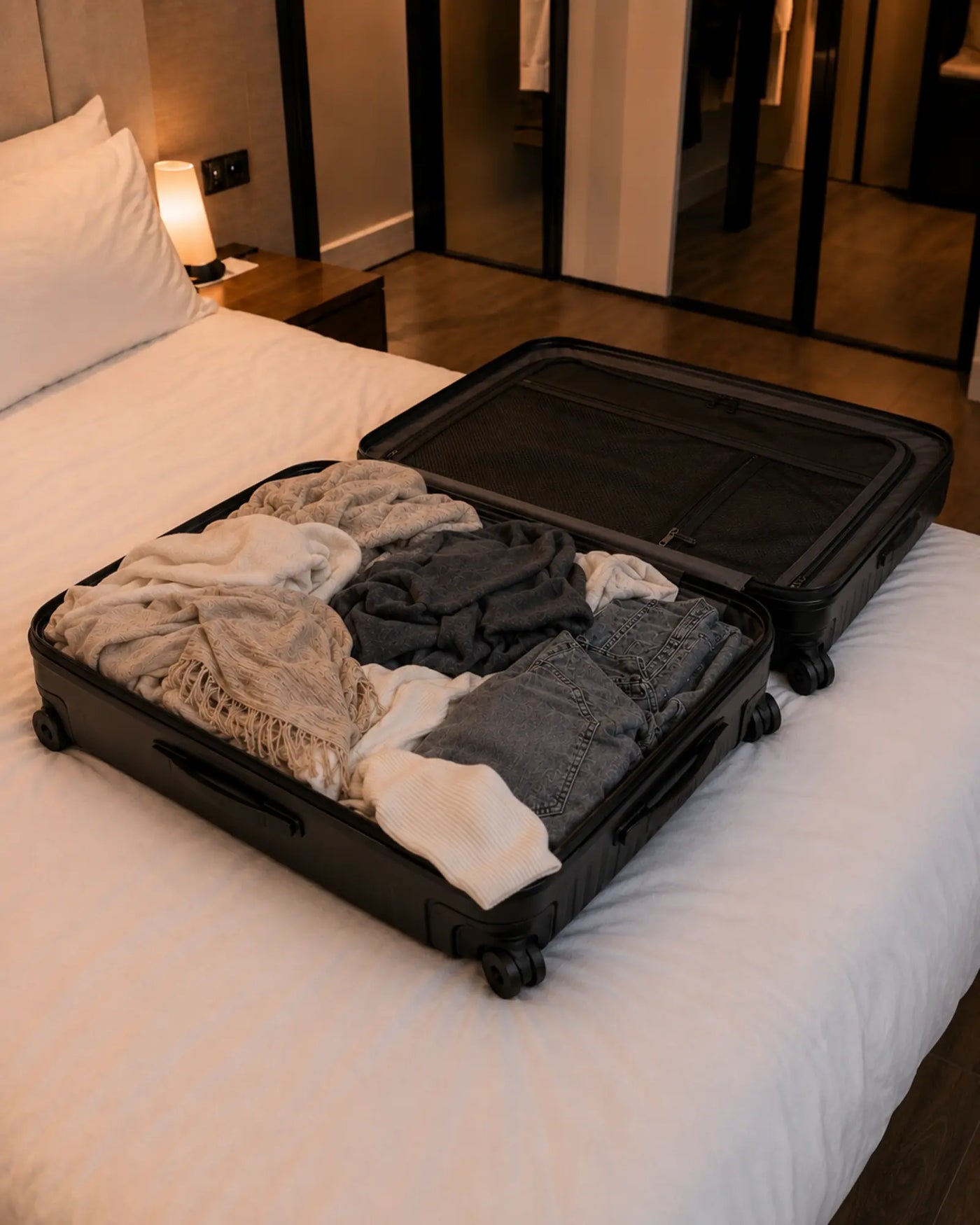 Open black suitcase on a hotel bed loosely filled with neutral travel clothing.