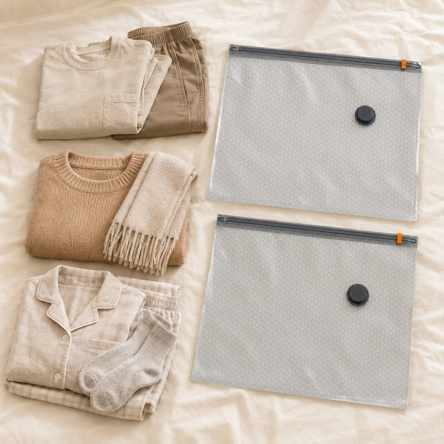 Folded neutral clothing grouped beside two empty gray compression bags on a bed.