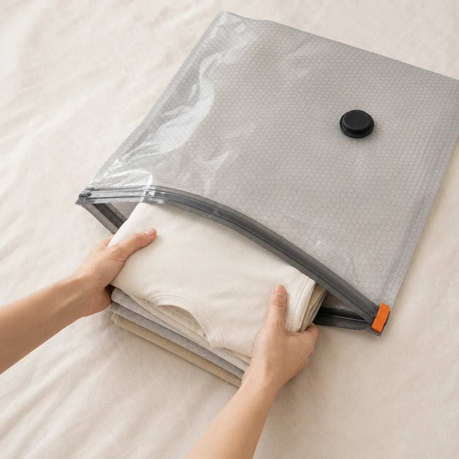 Hands loading a stack of folded shirts into an open gray compression bag.