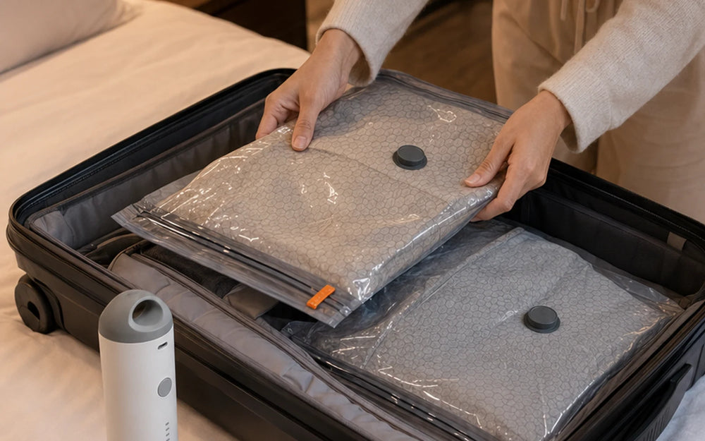 Traveler placing filled gray compression bags in an open suitcase on a bed, with the SG-508 pump beside it.