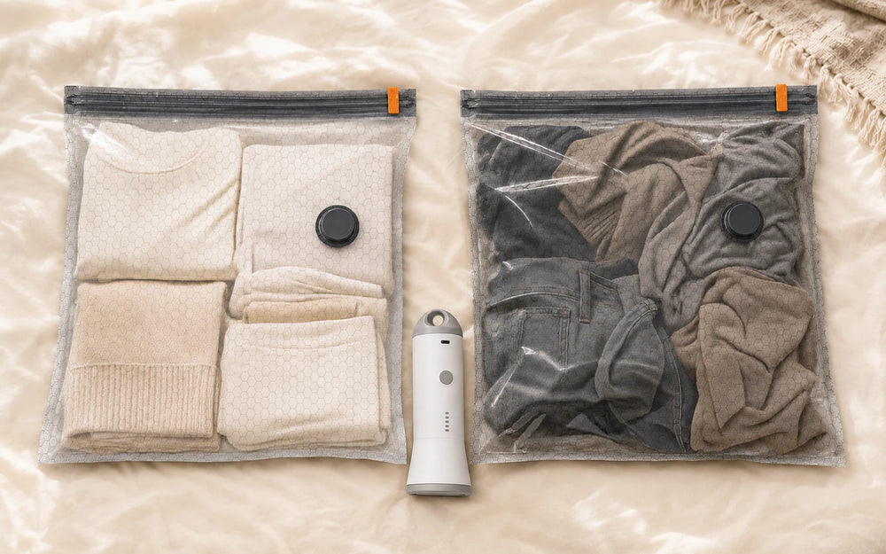 Light and dark clothing grouped in two separate gray compression bags with the SG-508 pump between them.