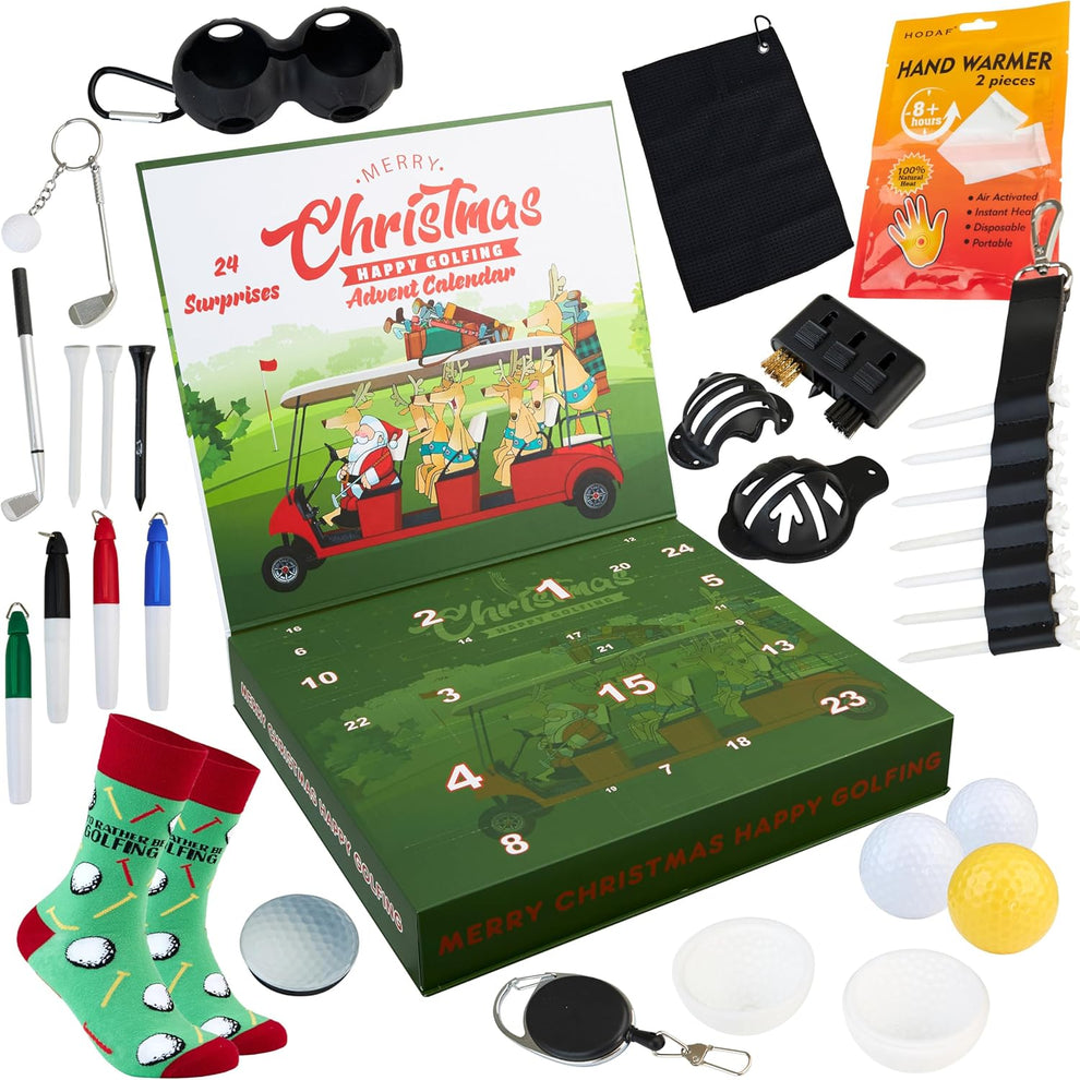 Golf-themed Advent calendar with various golf-related items displayed around it.