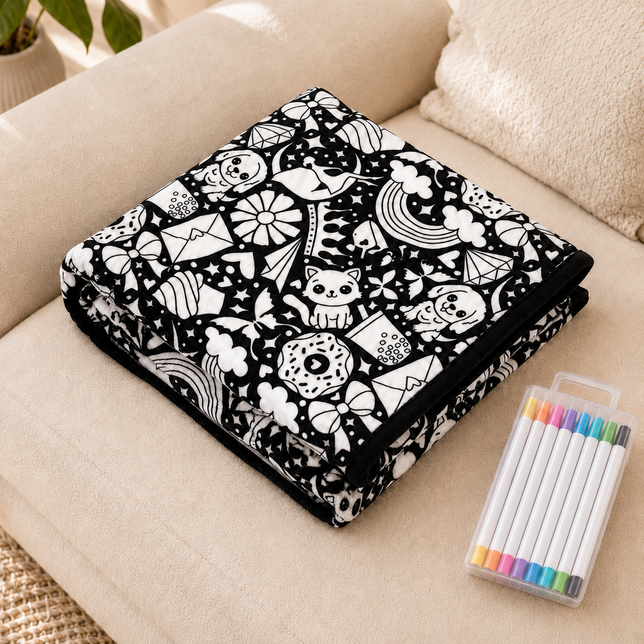 CozyCanvas Blanket displayed on a beige couch with colorful markers