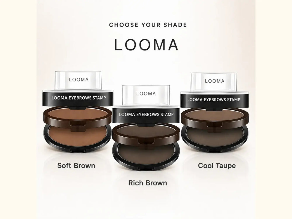Looma eyebrow powder compacts in Soft Brown, Rich Brown, and Cool Taupe.