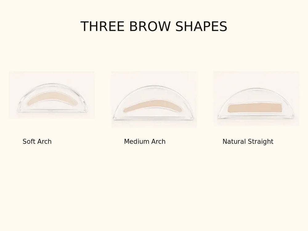 Korean Style Soft Arch, Natural Style Medium Arch, and Straight Style Natural Straight reusable brow stamps.