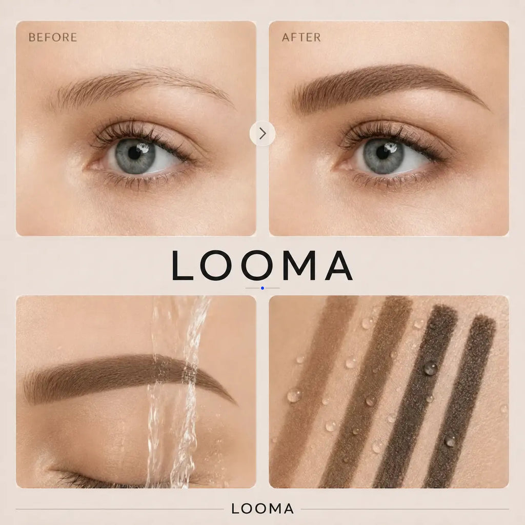 Before-and-after brow result with a water demonstration and shade swatches.