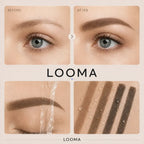 Before-and-after brow result with a water demonstration and shade swatches.