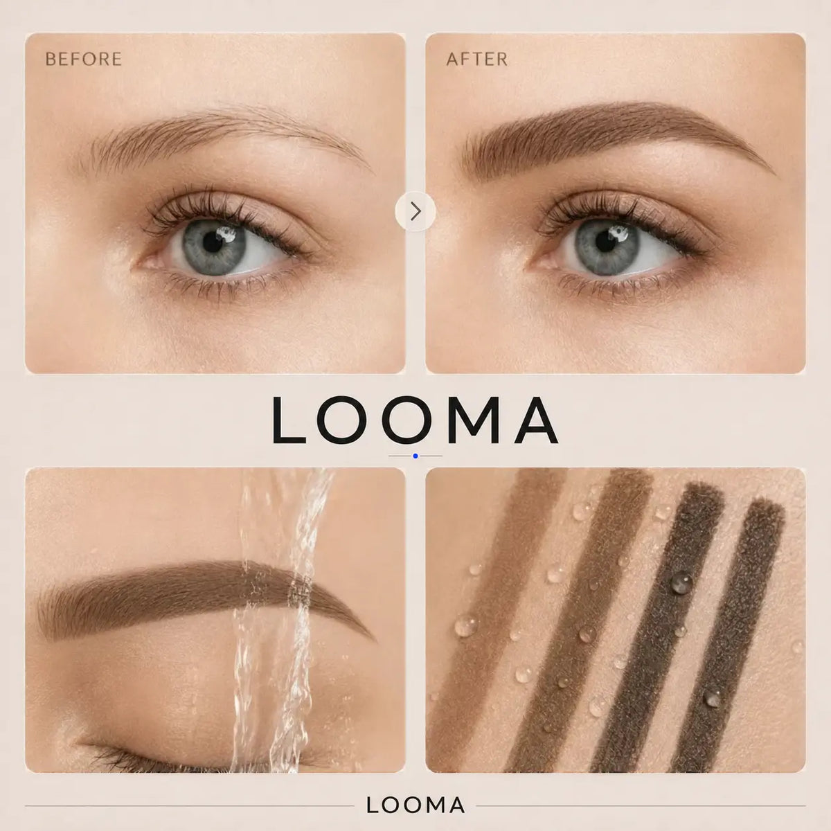 Before-and-after brow result with a water demonstration and shade swatches.
