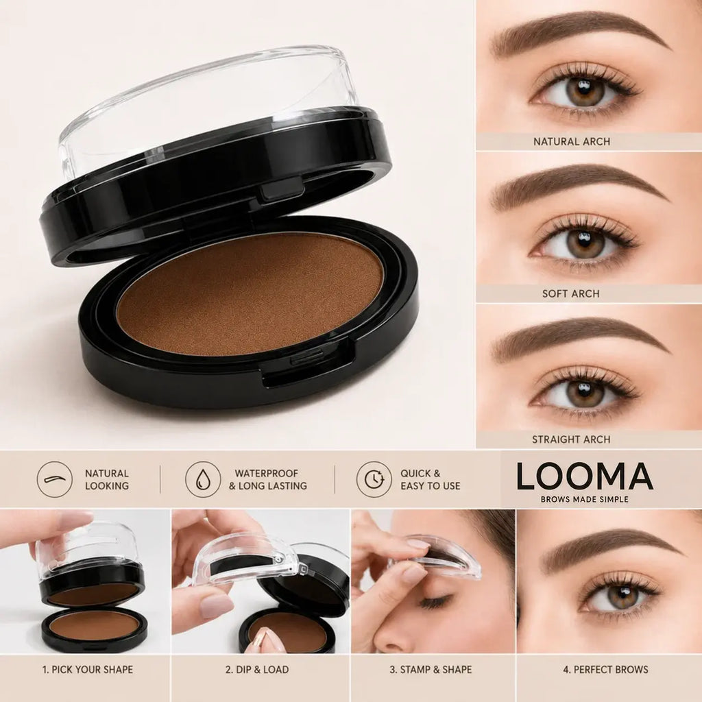 Looma compact, three brow-shape examples, and the four-step stamp application sequence.