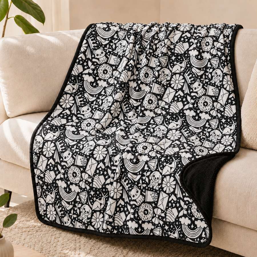 CozyCanvas reusable coloring blanket displayed on a cream sofa