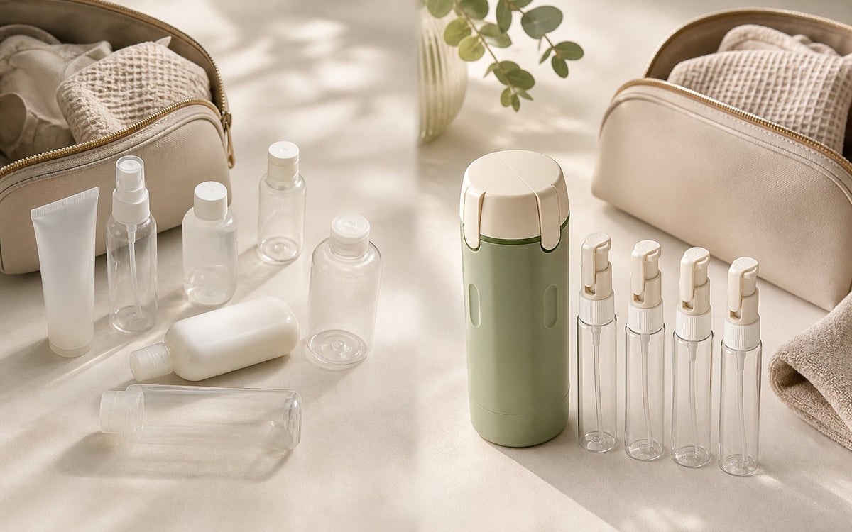 Scattered loose travel bottles versus one organized 4-in-1 Travel Capsule
