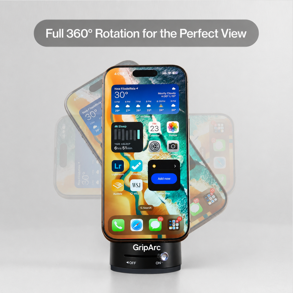 GripArc holding a phone in multiple viewing positions