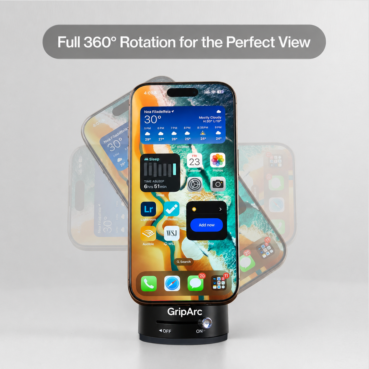 GripArc holding a phone in multiple viewing positions