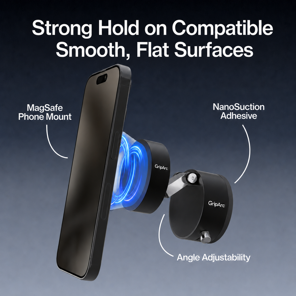 GripArc magnetic phone mount and nano-suction base system