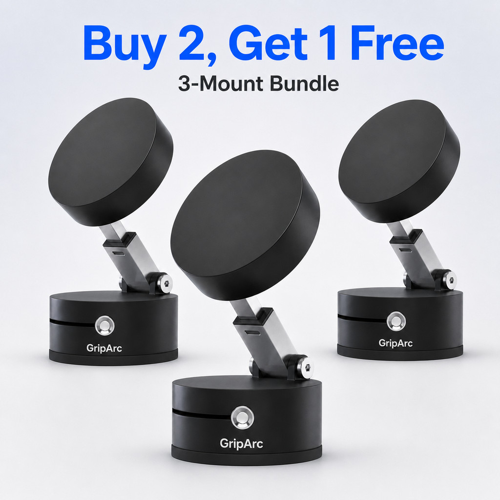 Three GripArc vacuum phone mounts included in the bundle