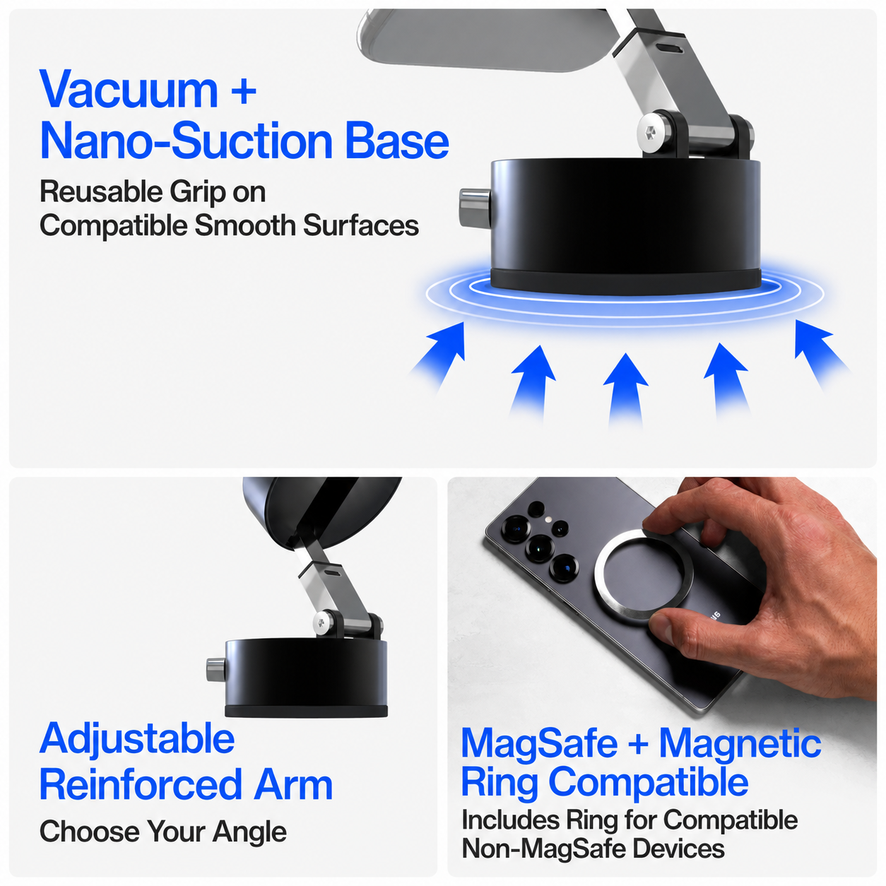GripArc vacuum base and magnetic ring compatibility components