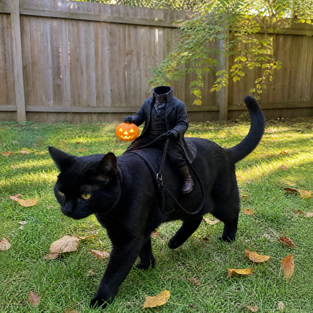 Black cat outdoors wearing a miniature headless rider costume