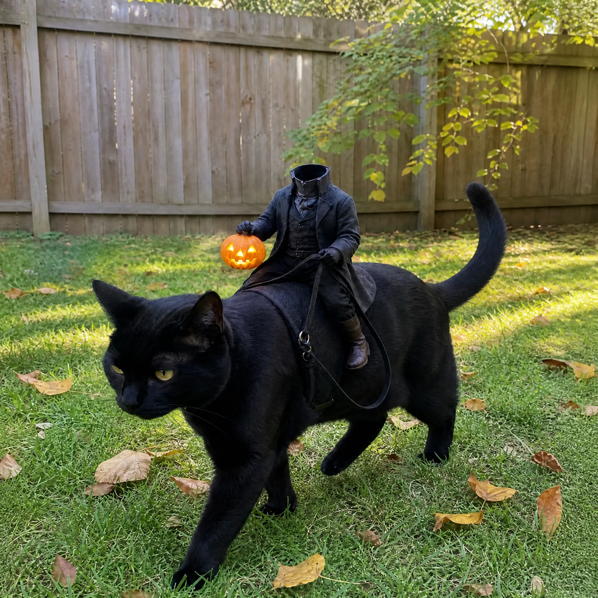 Black cat outdoors wearing a miniature headless rider costume