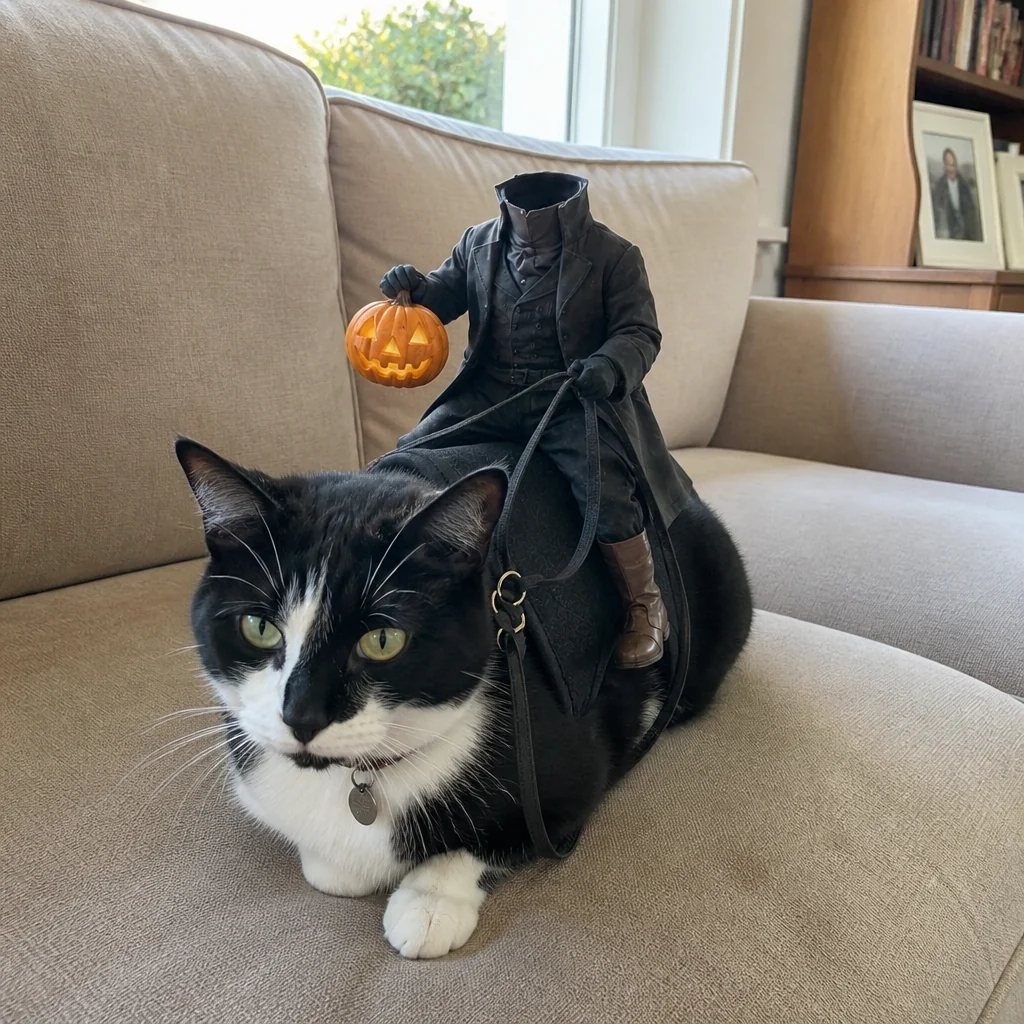 Black-and-white cat on a couch wearing a miniature headless rider costume