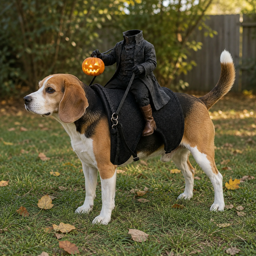 Tricolor beagle outdoors wearing a black headless rider costume with an orange pumpkin