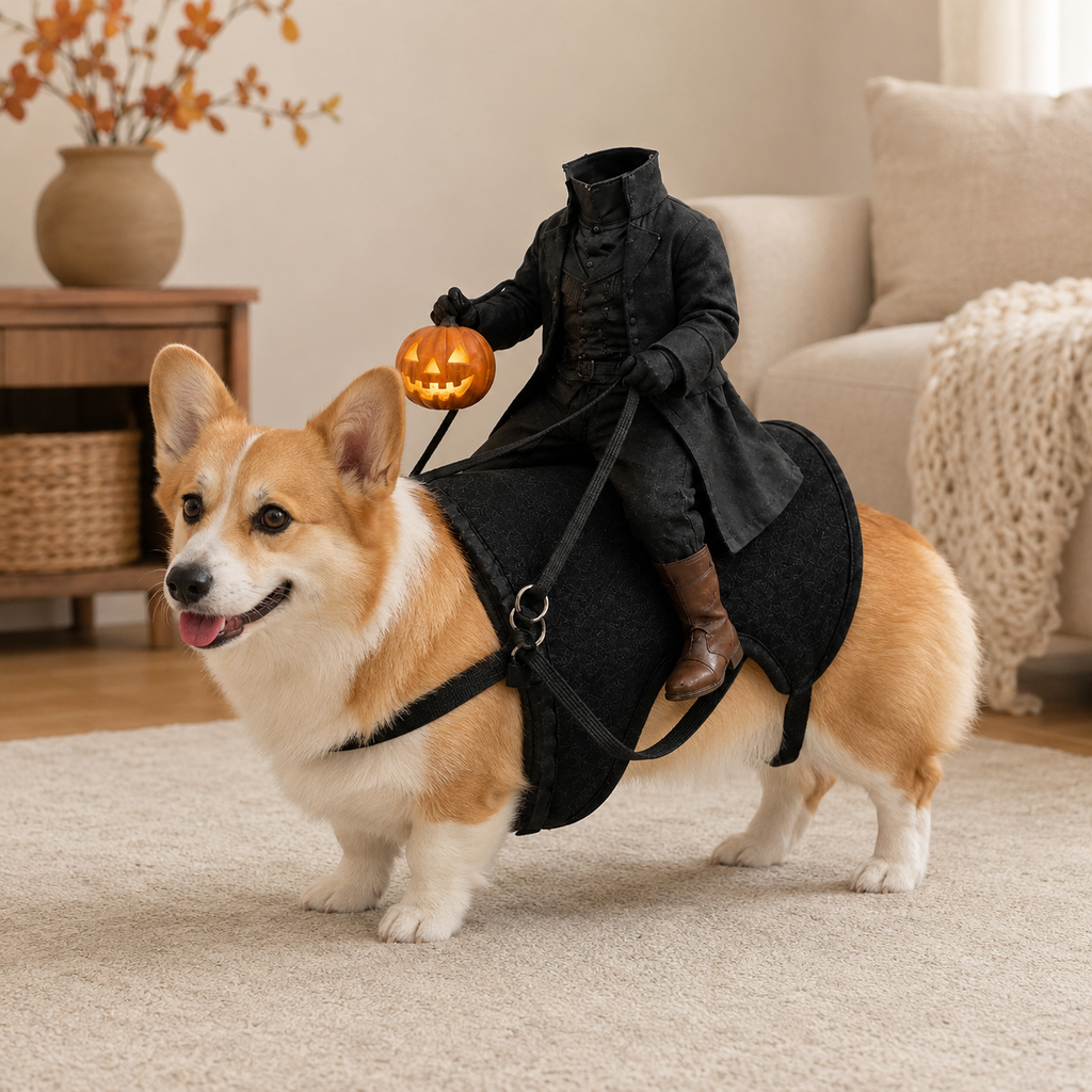 Tan-and-white corgi indoors wearing a black headless rider costume with an orange pumpkin