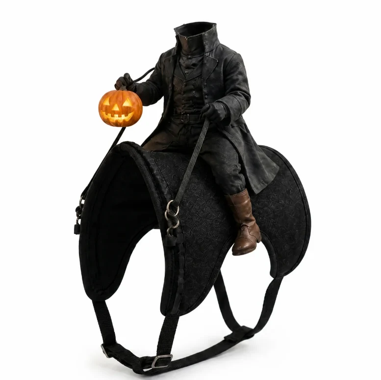 Black headless rider pet costume with a saddle-style back panel and orange pumpkin