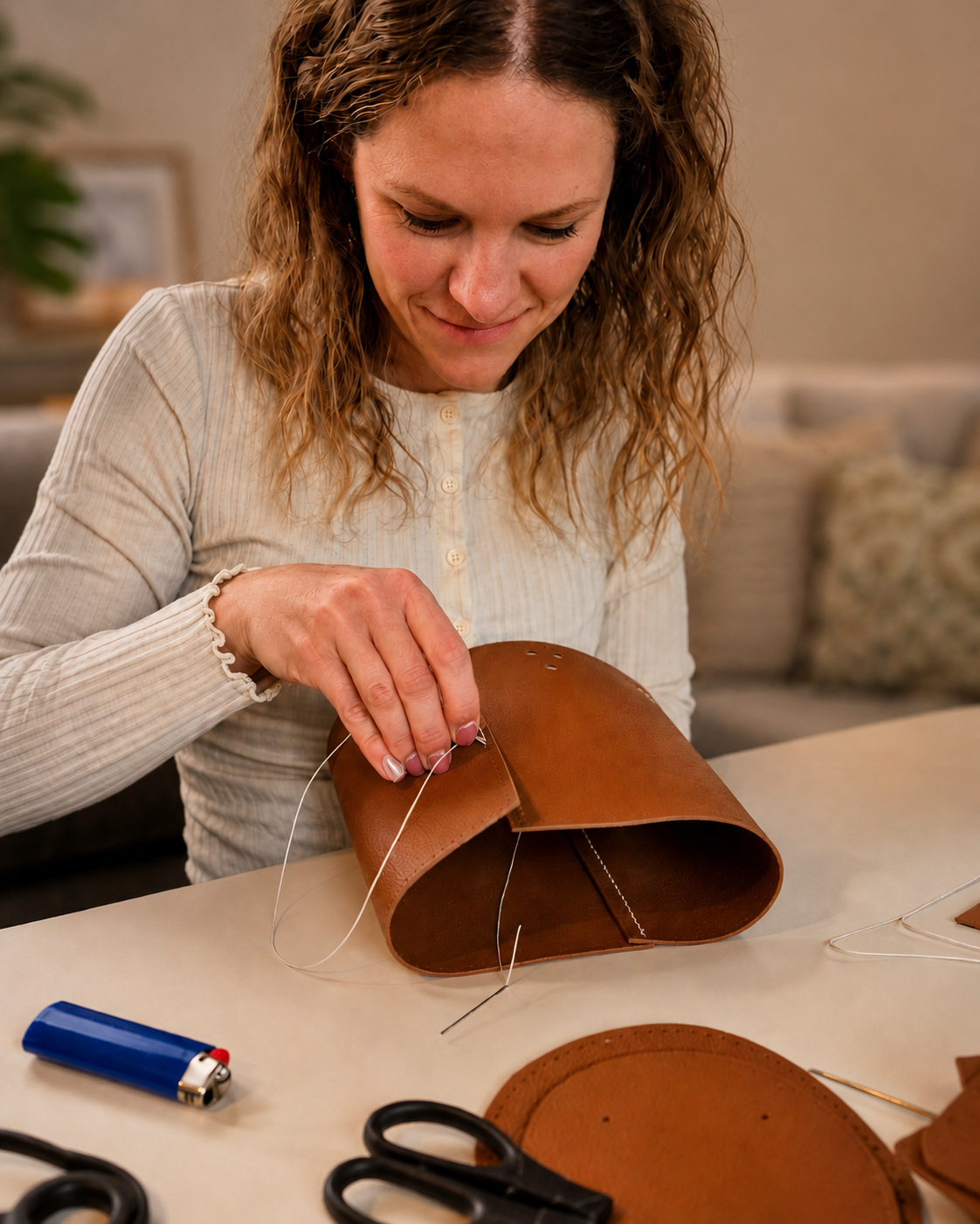 Maker assembling the brown Aurea handbag by hand