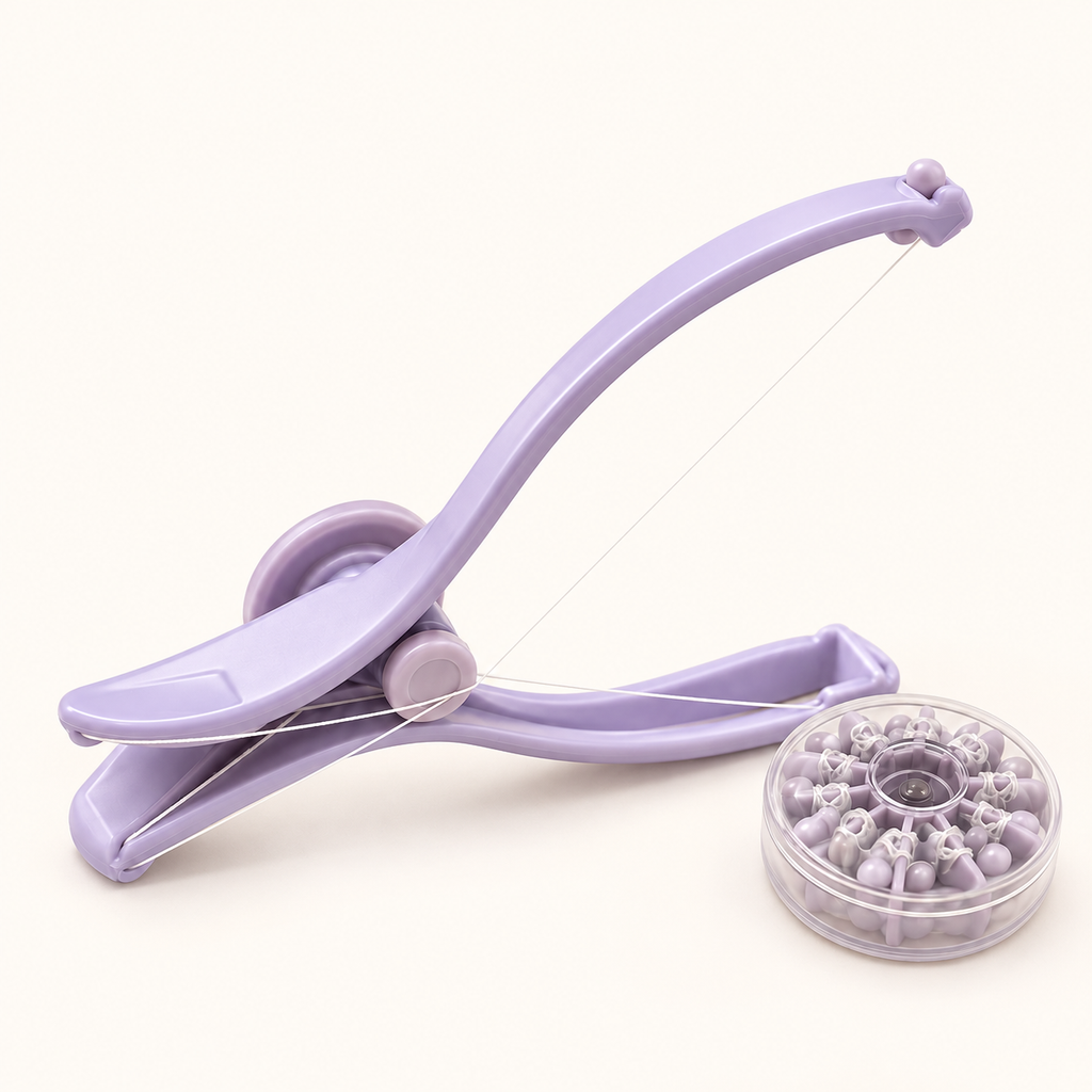 Lavender handheld brow threading tool with crossed thread and a round refill case.
