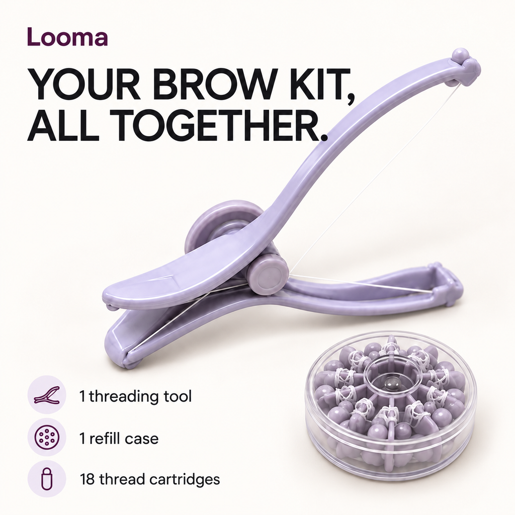 Looma kit contents: one lavender threading tool, one refill case and 18 thread cartridges.