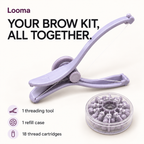 Looma kit contents: one lavender threading tool, one refill case and 18 thread cartridges.