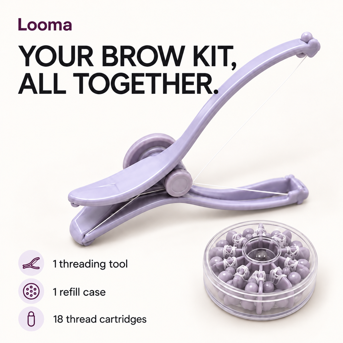 One lavender handheld threading tool and its refill case; the set includes 18 thread refills.