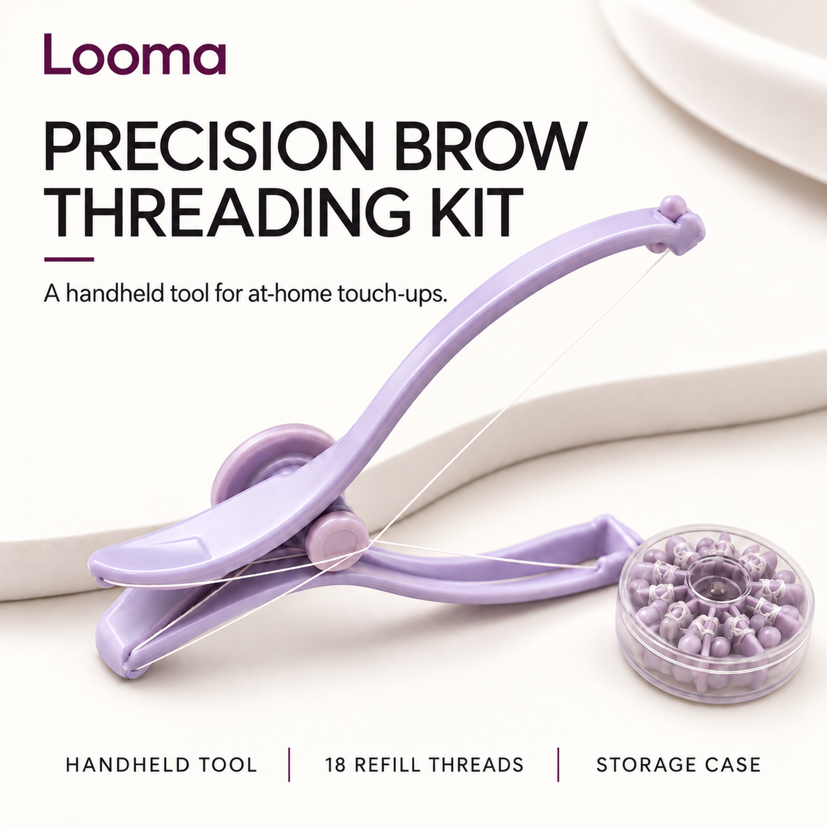 Looma Precision Brow Threading Kit with a lavender handheld tool, refill case and 18-thread label.