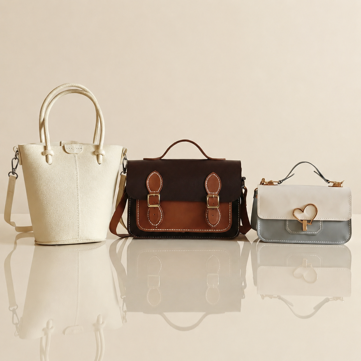 Aurea, Liliora, and Moytsa finished handbag styles displayed together