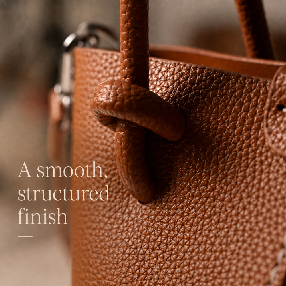 Close-up of brown handbag material and structured handle finish
