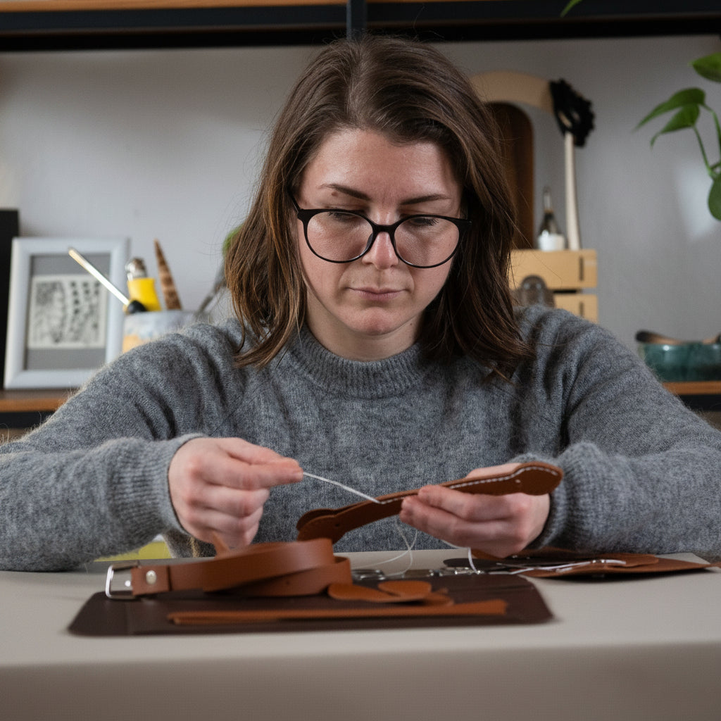 Maker stitching and assembling a brown Liliora handbag