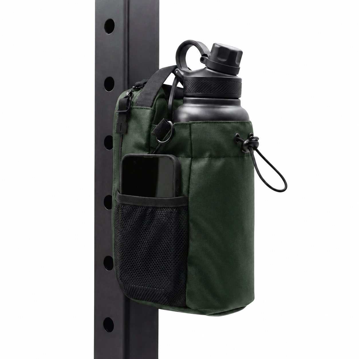 Green Looma magnetic gym bag with bottle holder attached to a compatible steel gym rack