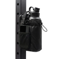 Black Looma magnetic gym bag with bottle holder attached to a compatible steel gym rack